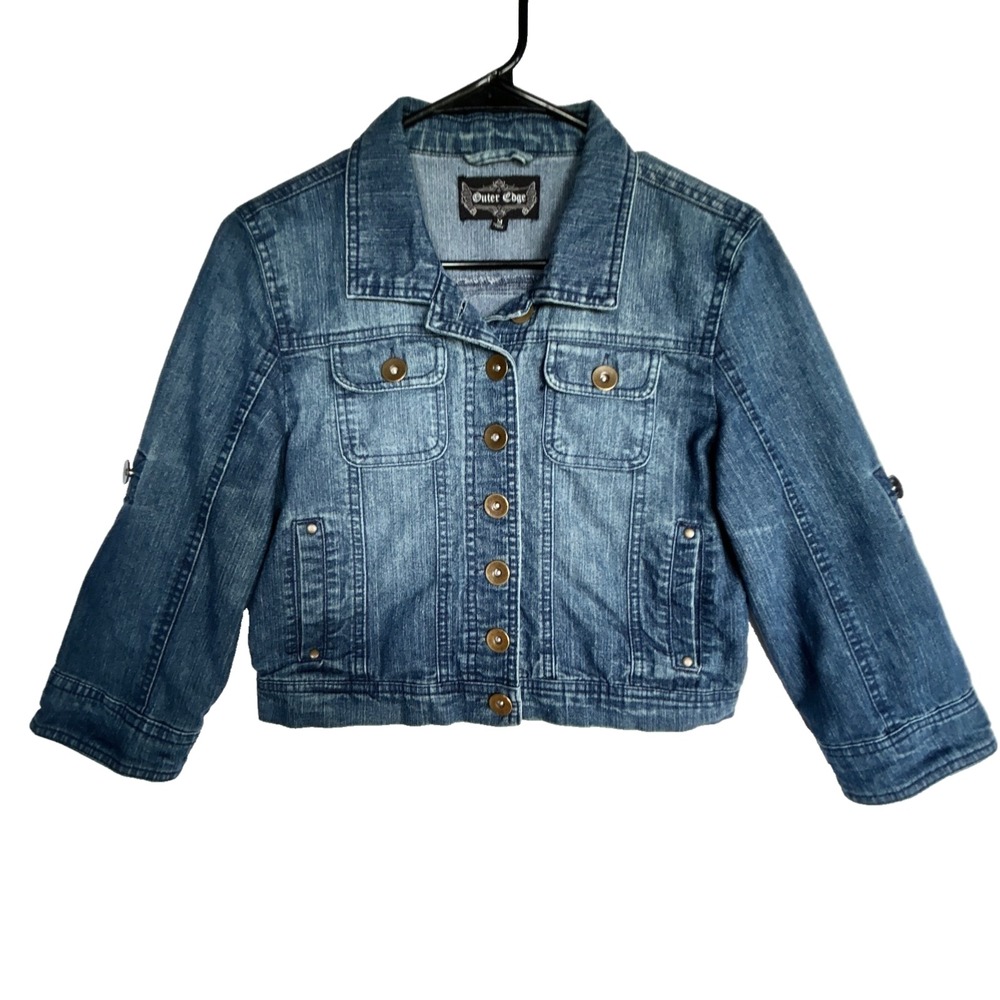 VTG Outer Edge Trucker Jacket Womens M Cropped Roll Tab Denim Blue Y2K